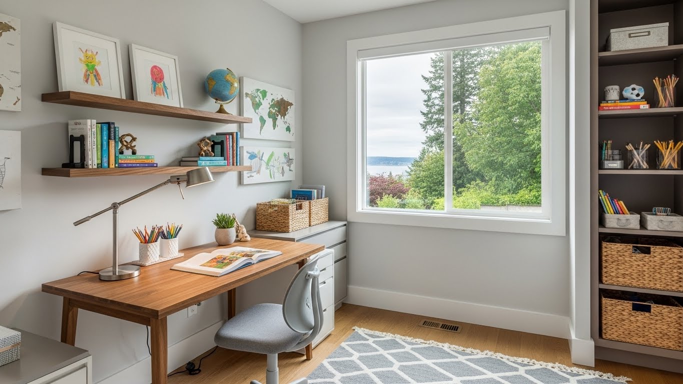 Clean and organized study space in a Seattle luxury home ready for back to school season with happy parent and child