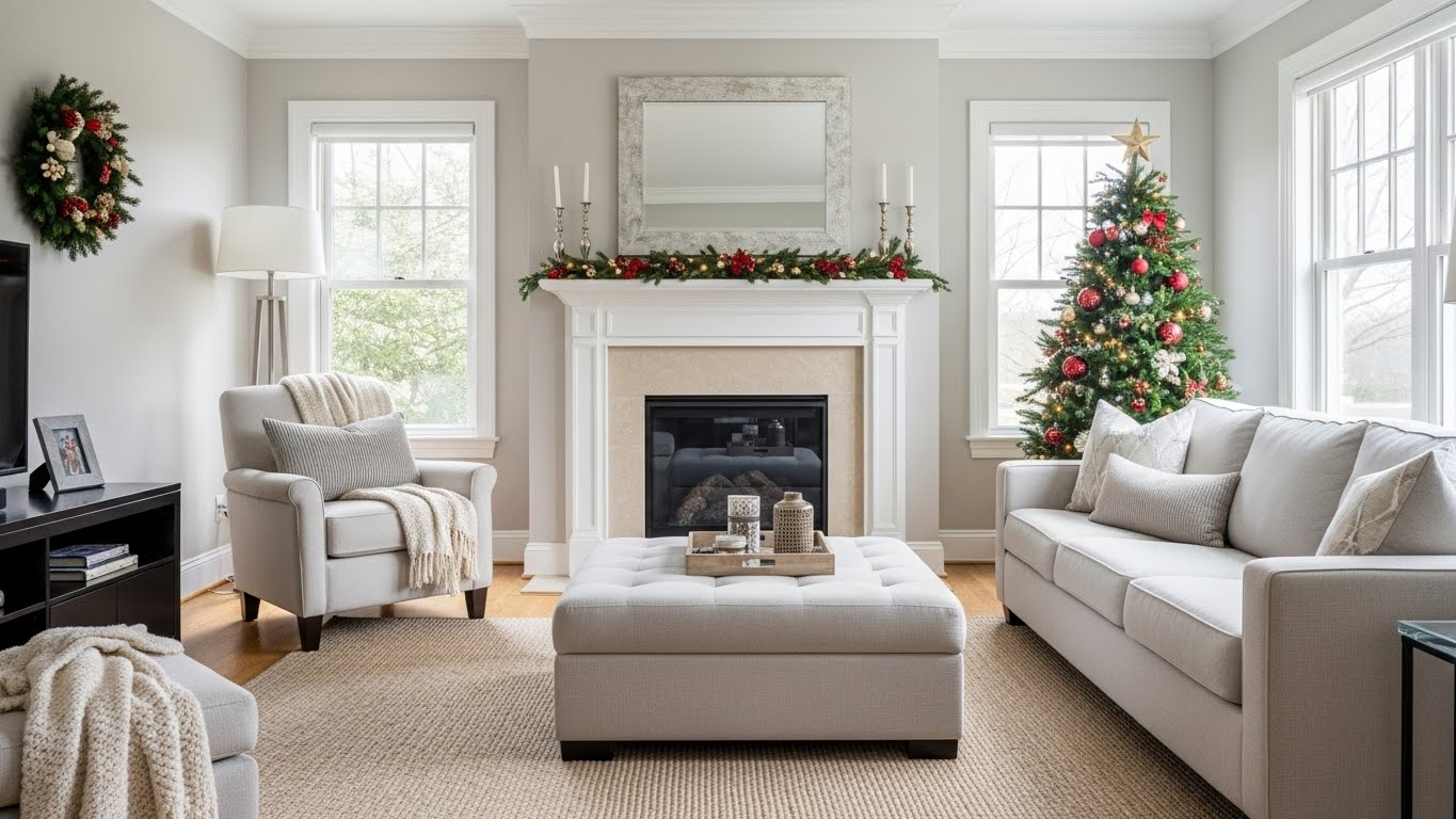 Cozy and spotless luxury living room in Seattle decorated for Christmas after a professional deep cleaning service.