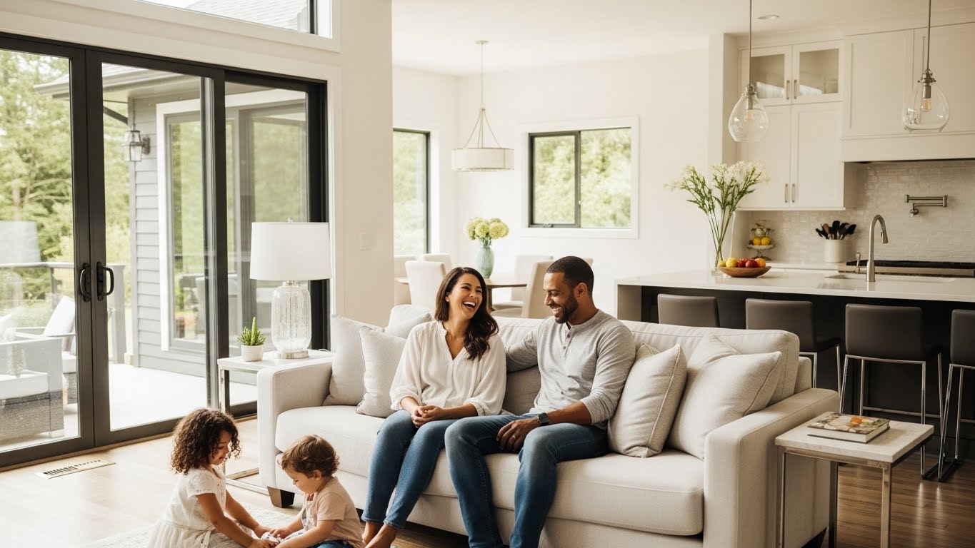 Happy family enjoying a spotless and deep-cleaned luxury home in Bellevue during Labor Day weekend.