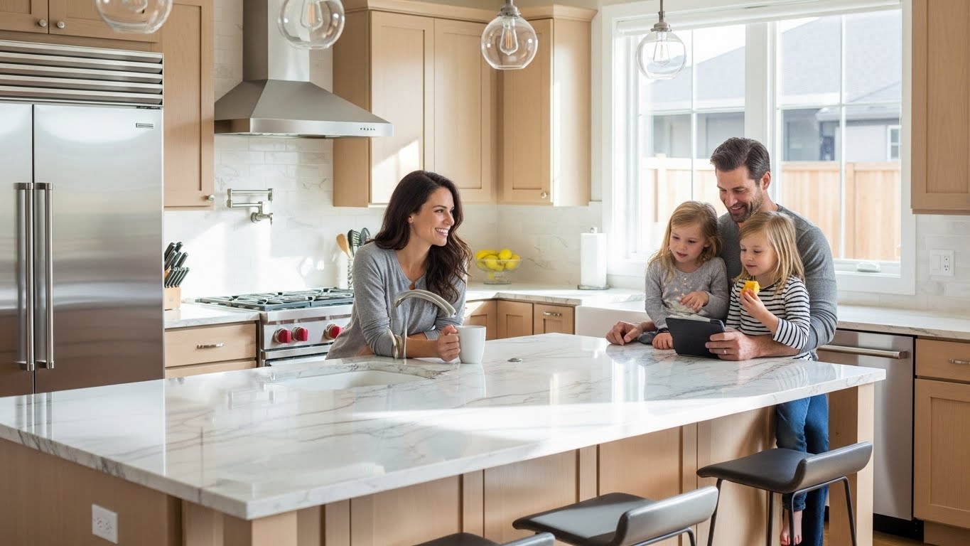 Happy family relaxing in a spotless luxury kitchen in Medina WA, enjoying the benefits of a professional regular cleaning service.