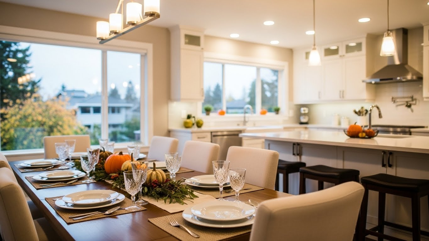 Impeccably clean Seattle luxury dining room set for Thanksgiving dinner after a professional deep cleaning service.