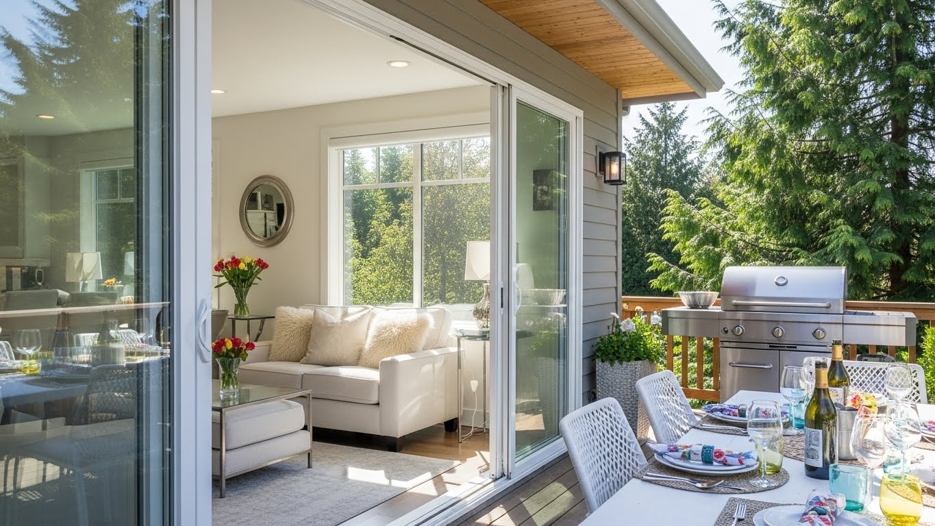 Seattle luxury home with open patio doors ready for Memorial Day celebration after professional cleaning service