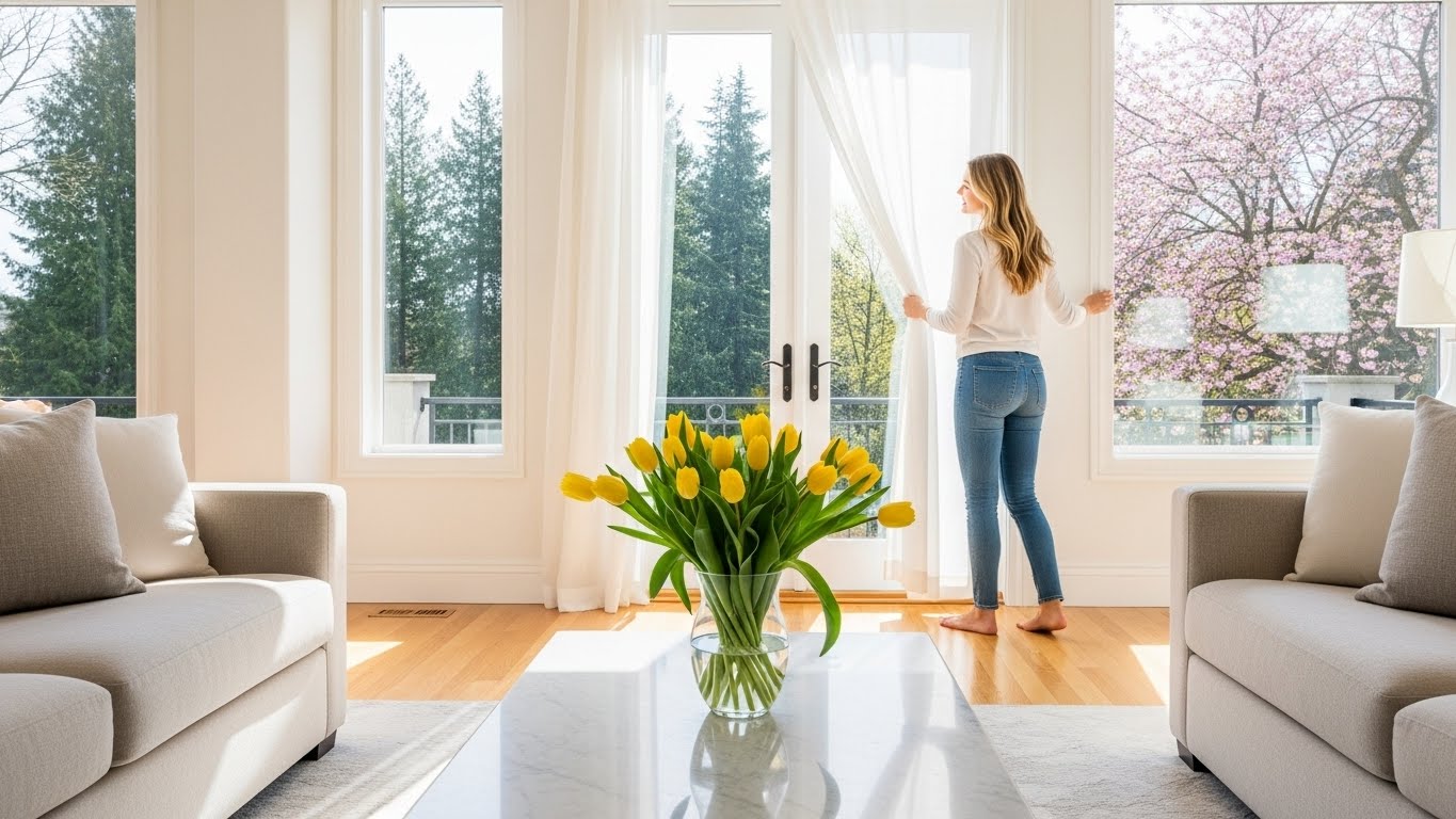Woman enjoying her spotless luxury living room in Bellevue after a professional spring deep cleaning service, with fresh tulips and sunlight streaming in.