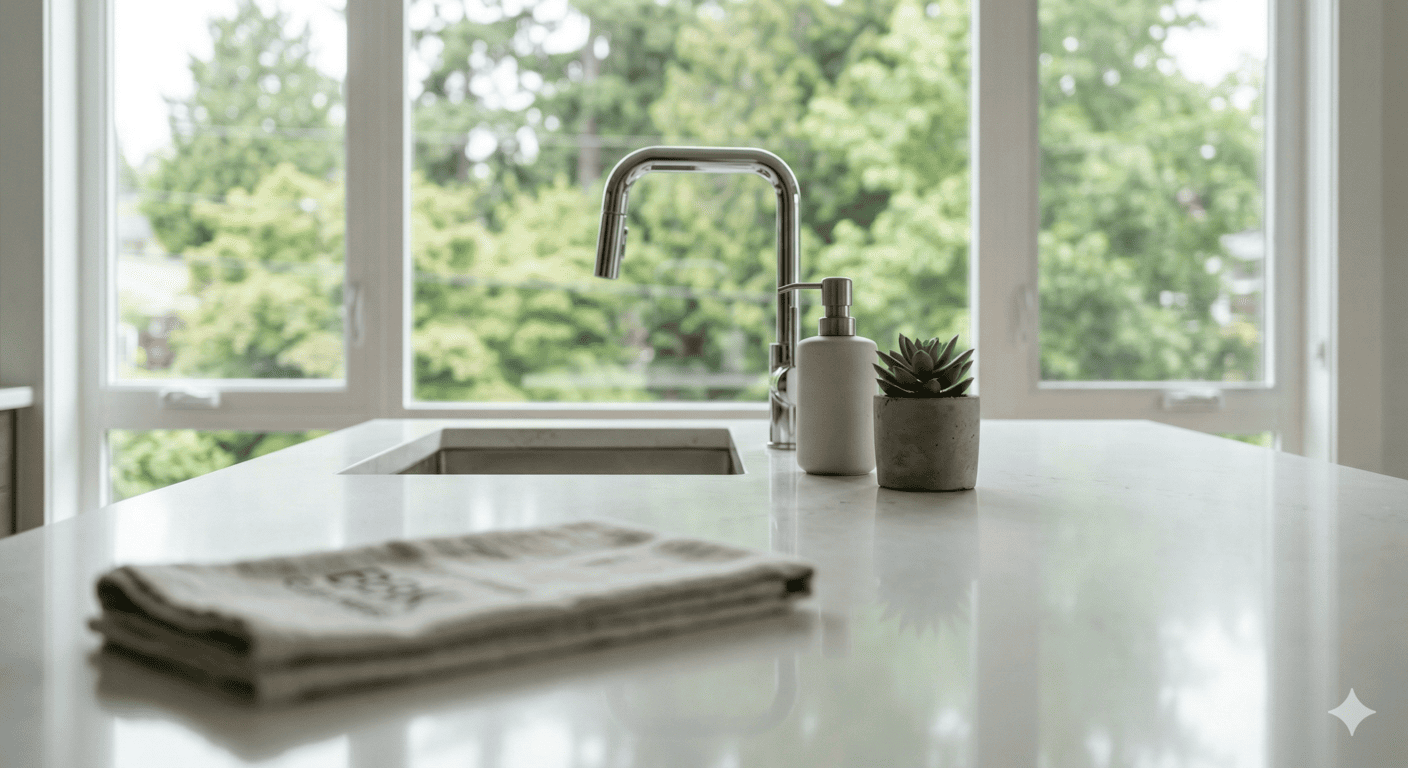 A focused close-up showing a polished quartz countertop and a minimalist faucet in a modern Seattle kitchen, highlighting the immaculate attention to detail and pristine clean provided by BBK Cleaners.