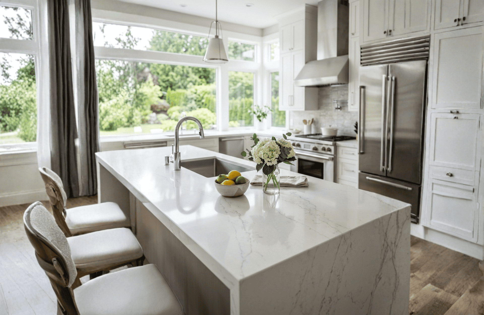 Pristine luxury kitchen with a clean white quartz island countertops in a Seattle home, representing high-end residential maid services.
