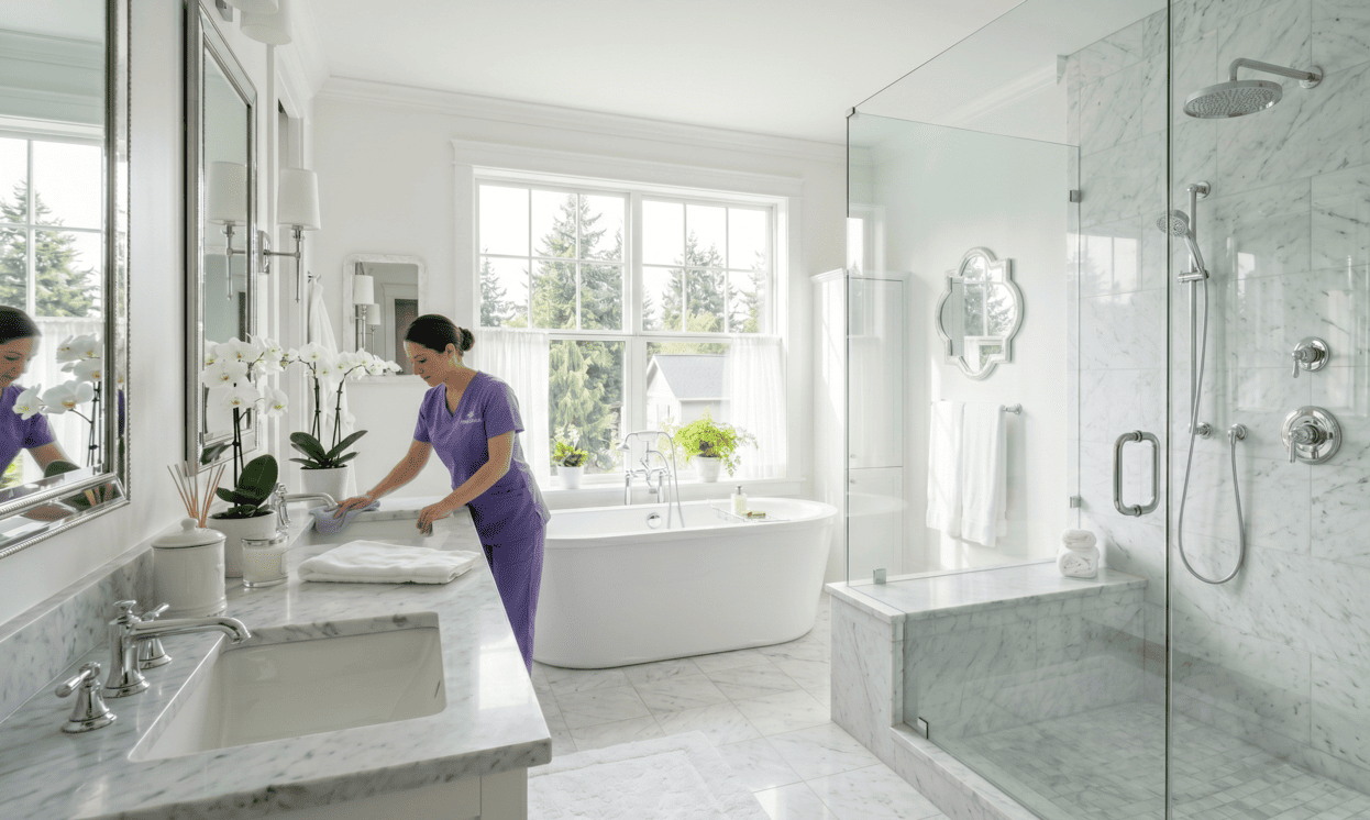 Sparkling clean luxury bathroom with Carrara marble after a professional deep cleaning service in Seattle.