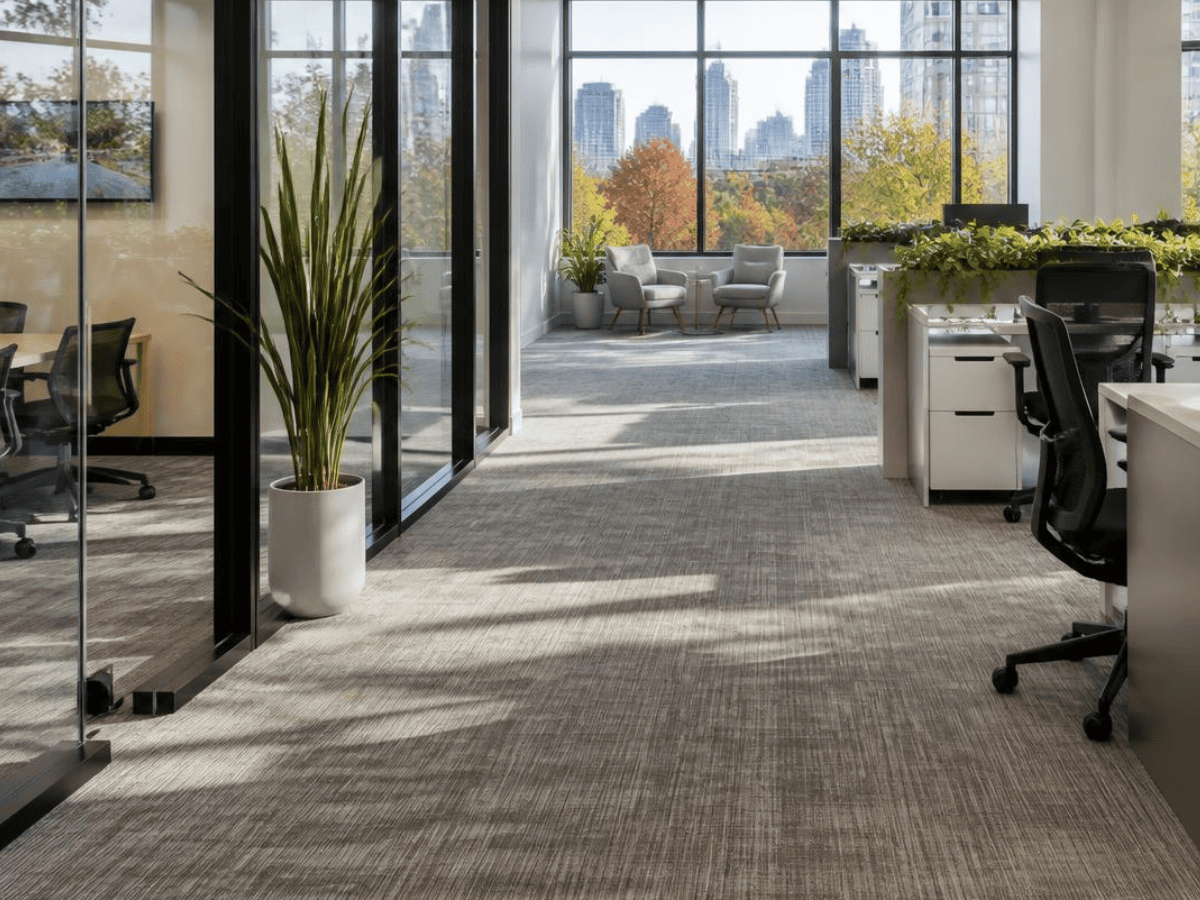 Bright, clean, and modern corporate office interior in Seattle during autumn.