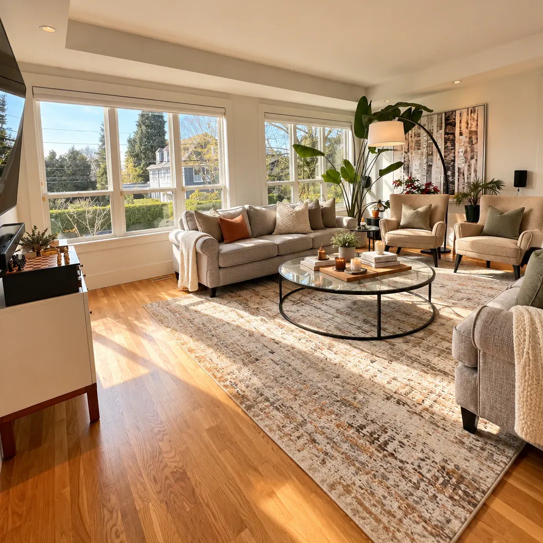 Sunlit living room with hardwood floors and large windows in a Seattle home